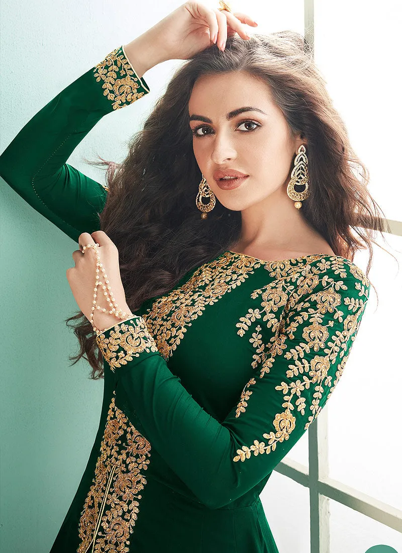 Dark Green Slit Style Embroidered Anarkali Suit